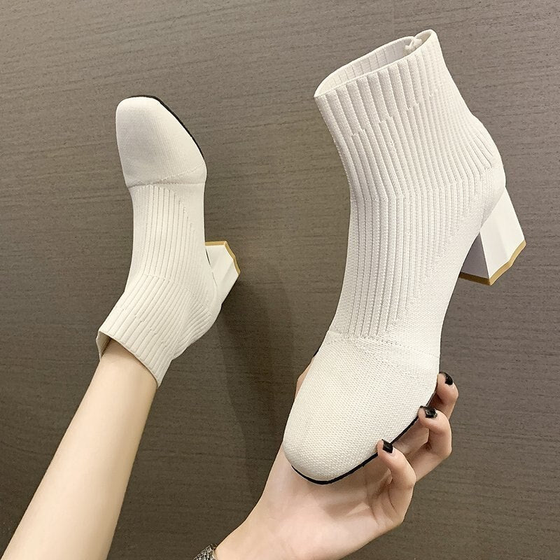 Stretch Sock Boots with Square Heel by KnitFashion