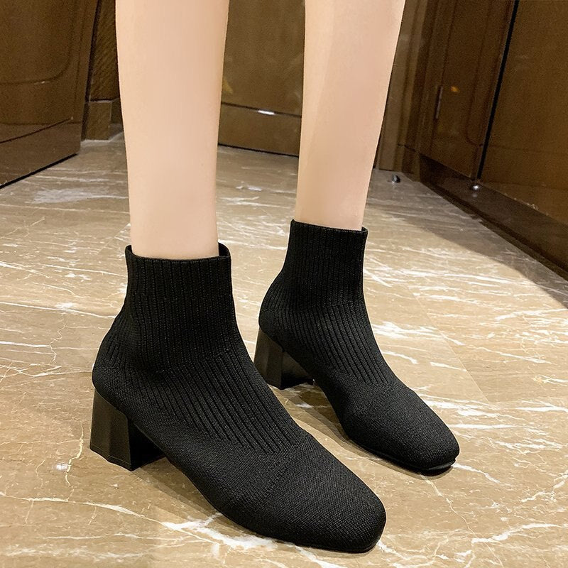 Stretch Sock Boots with Square Heel by KnitFashion