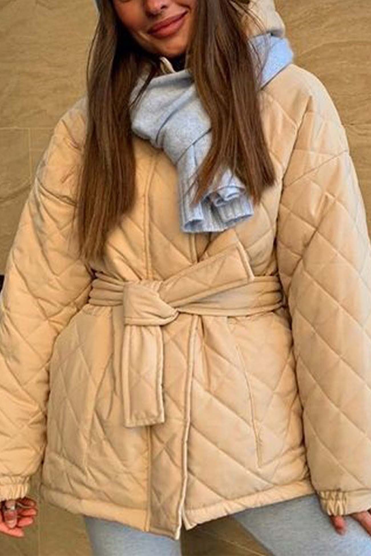 Wisen Kapuzenjacke mit Rautenmuster und Baumwollgürtel