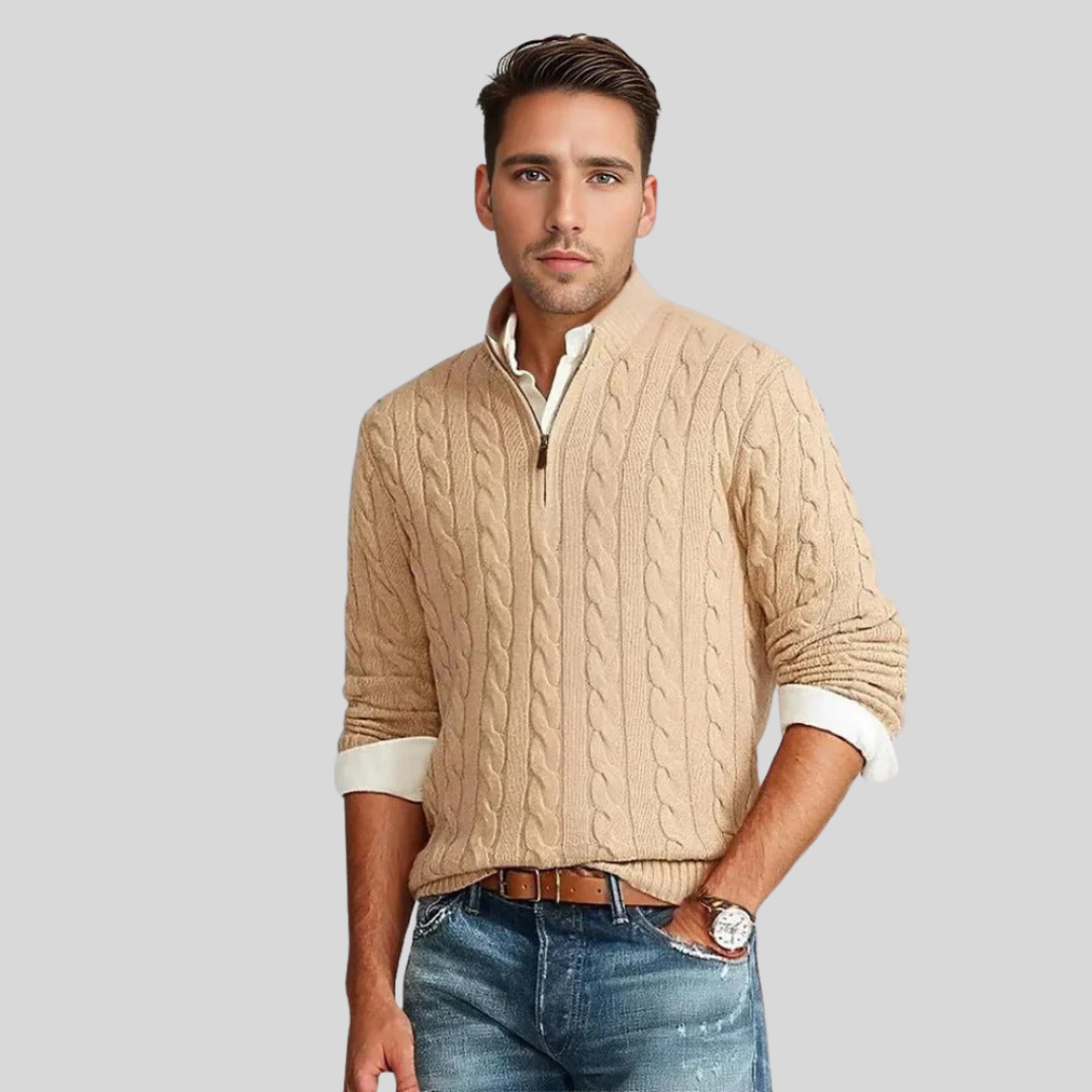 Warmer und stylischer Herrenpullover mit Reißverschluss aus Kabelstrick