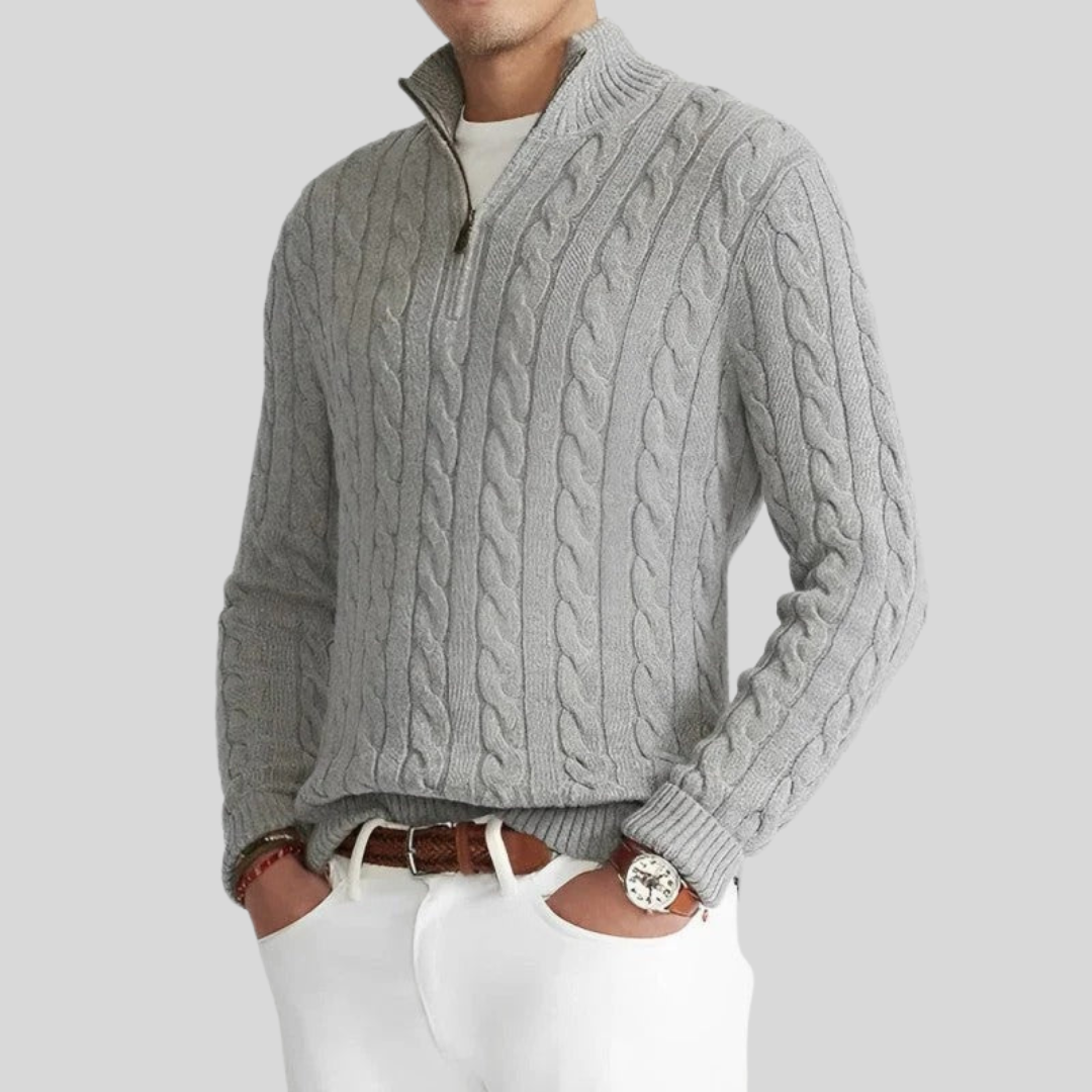 Warmer und stylischer Herrenpullover mit Reißverschluss aus Kabelstrick