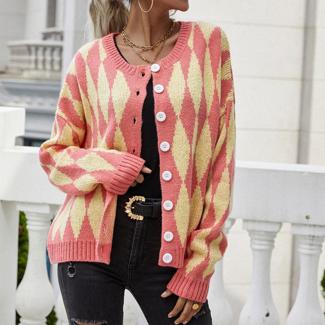 ModeGeist | Cardigan mit Harlekin-muster Rundhals Lässig und Trendy