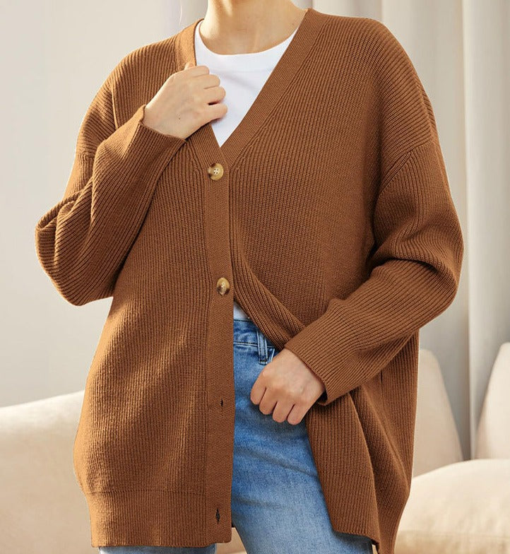 ModeGeist | Cardigan - Damen Herbst Oversized Knopf-Cardigan mit Rippstrick