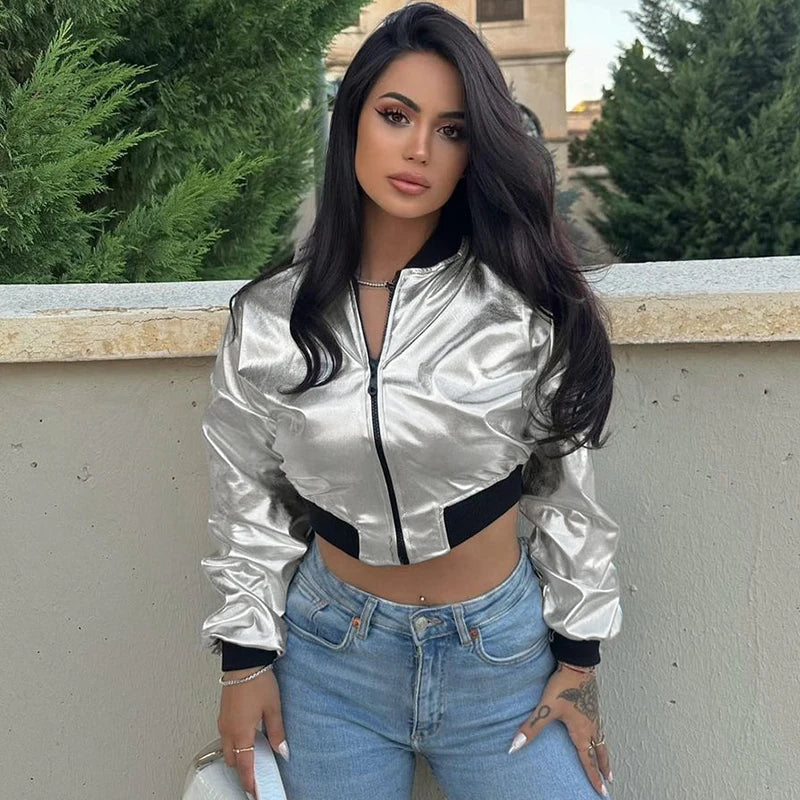 Kurze Bomberjacke aus Metall