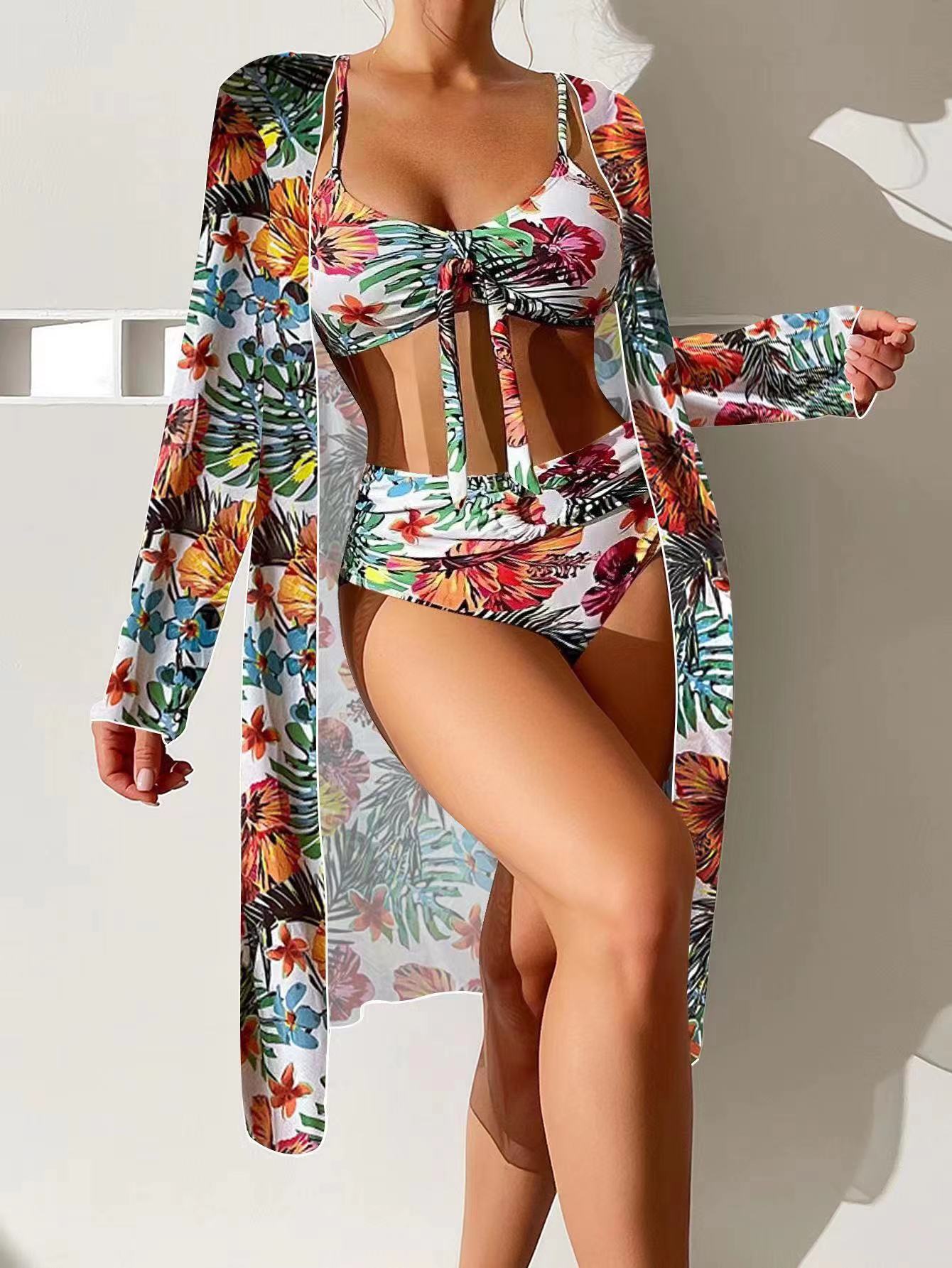 Tropischer Print Badeanzug Zweiteiler mit transparentem Überwurf von MODEGEIST