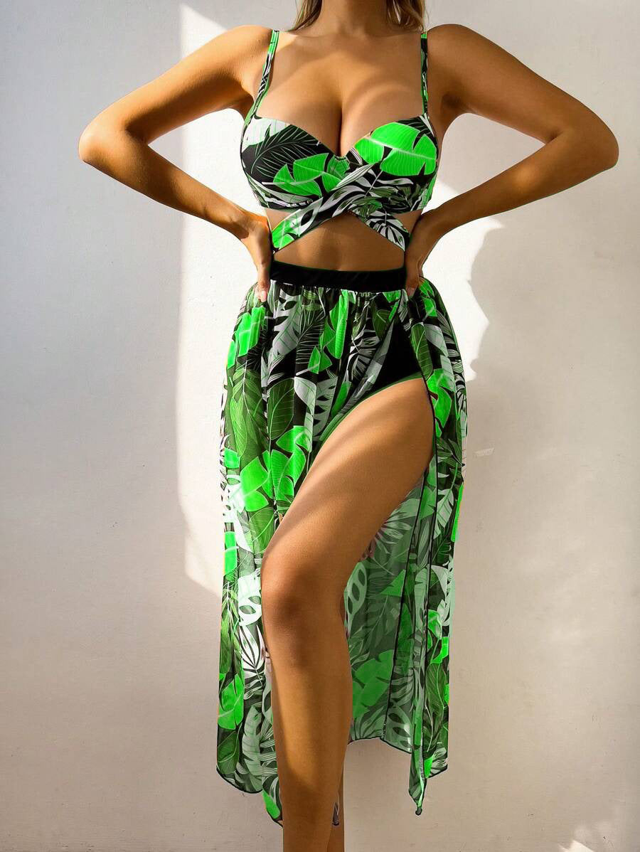 Tropischer Print Badeanzug Zweiteiler für Damen mit transparentem Cover-Up von MODEGEIST