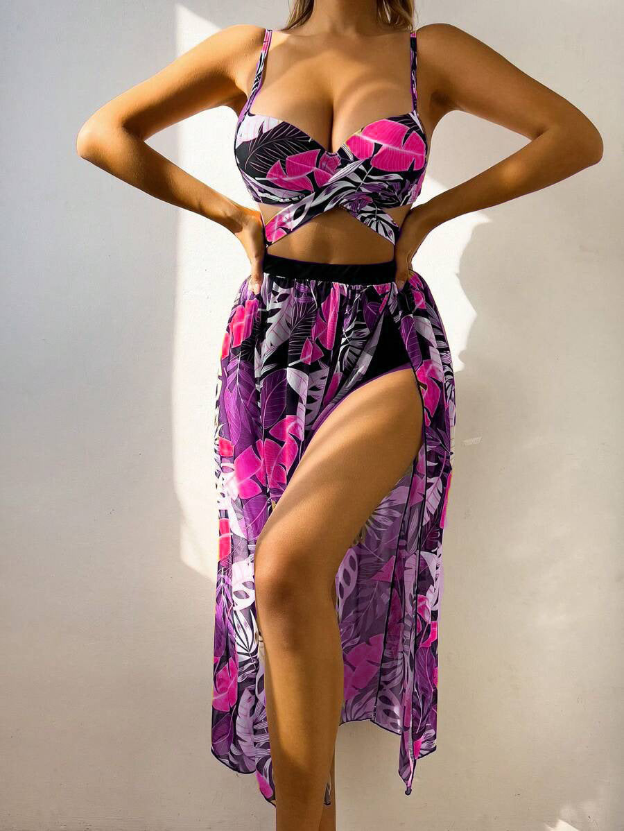 Tropischer Print Badeanzug Zweiteiler für Damen mit transparentem Cover-Up von MODEGEIST