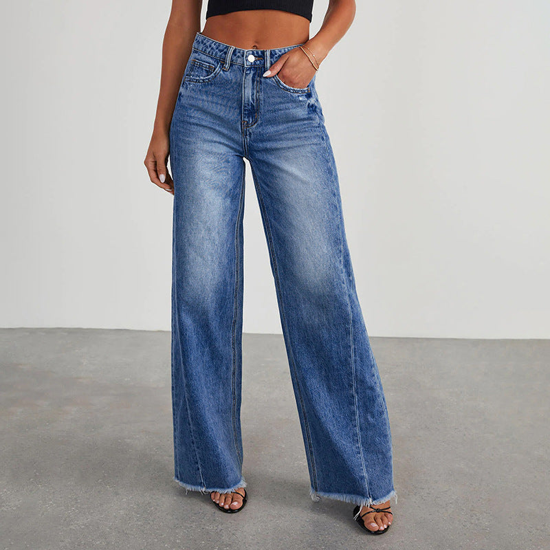 Weite Damen High-Waist Jeans mit Fransen, MODEGEIST