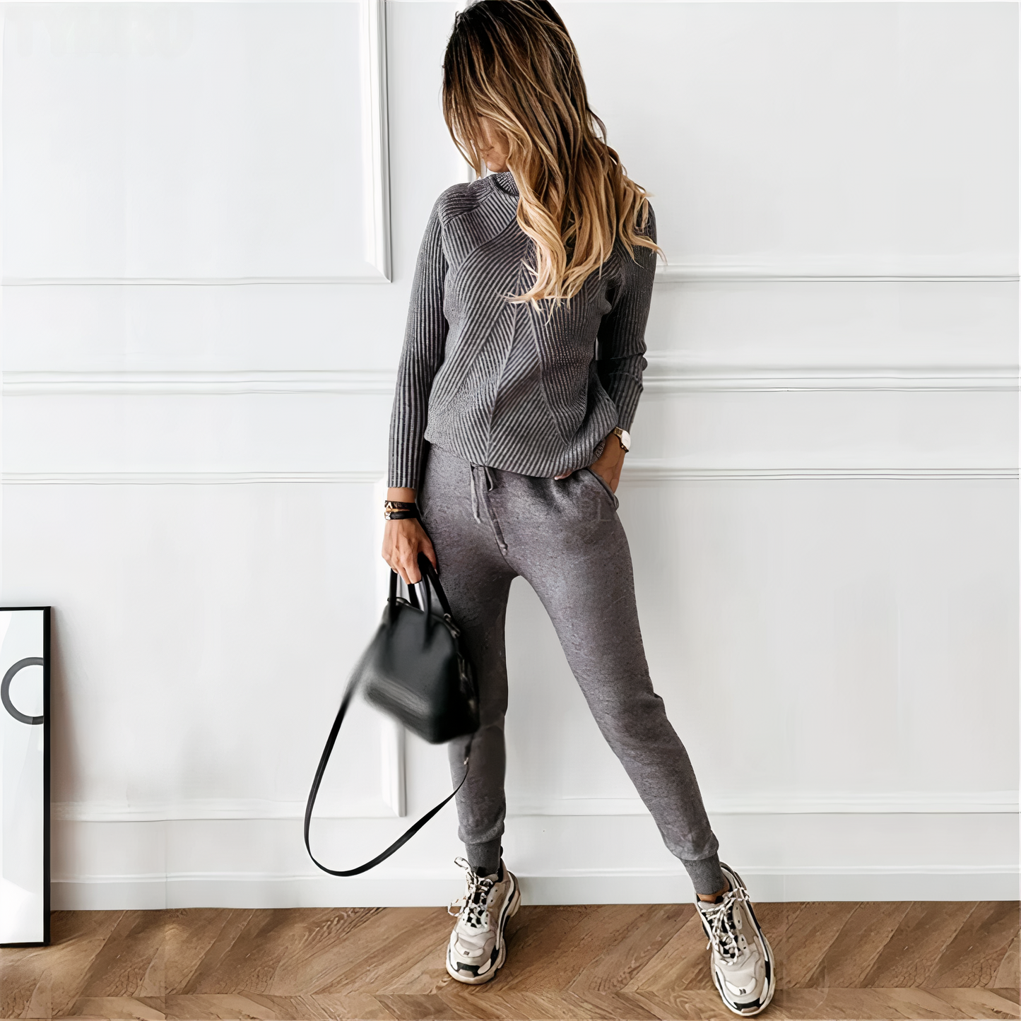 Yvette Set: Gestreifter Rollkragenpullover und Leggings