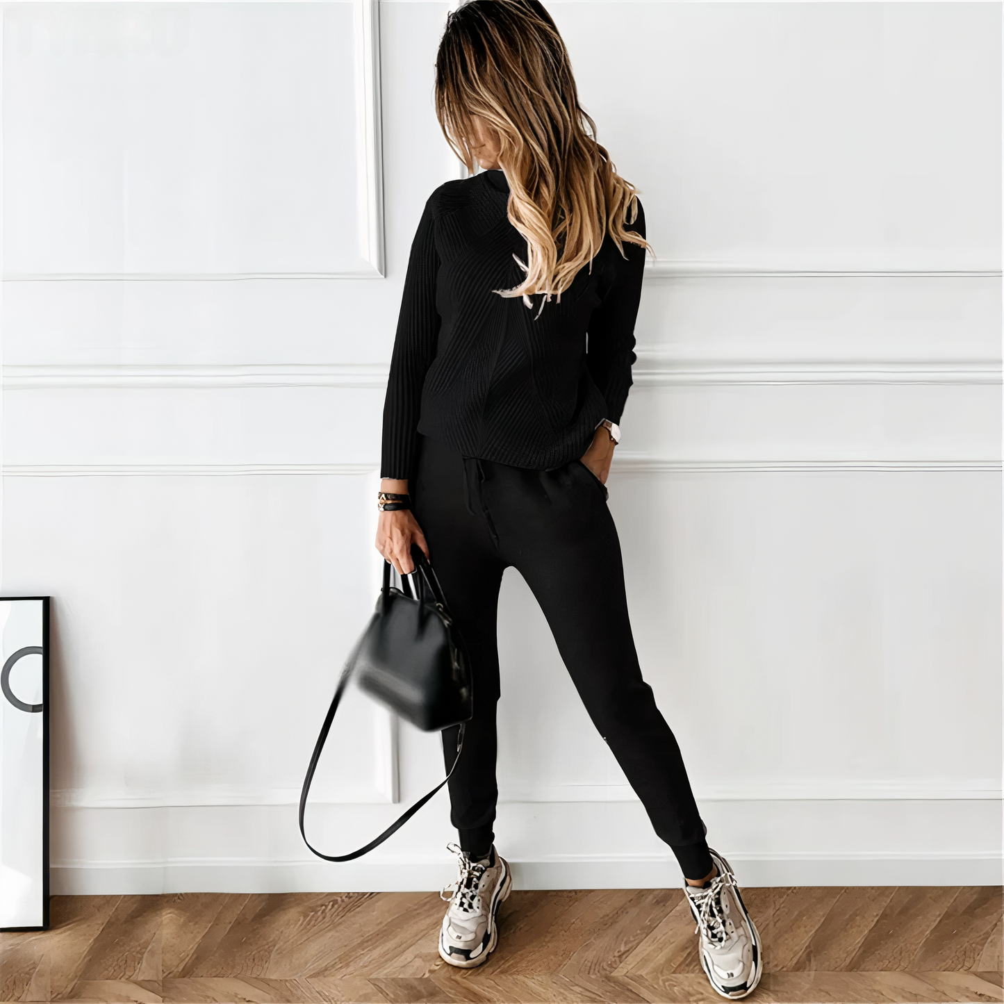 Yvette Set: Gestreifter Rollkragenpullover und Leggings