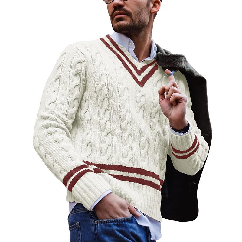 Herrenpullover IGOR: Gestreift, V-Ausschnitt, Colorblock-Strick