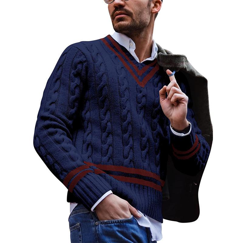 Herrenpullover IGOR: Gestreift, V-Ausschnitt, Colorblock-Strick
