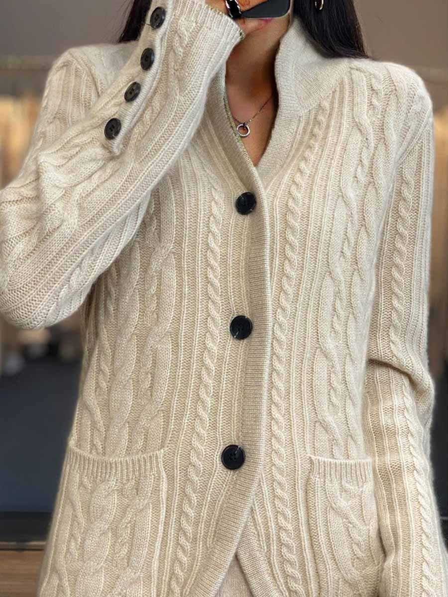 ModeGeist | Cardigan - Geflochtener Knopf Stehkragen Strickcardigan