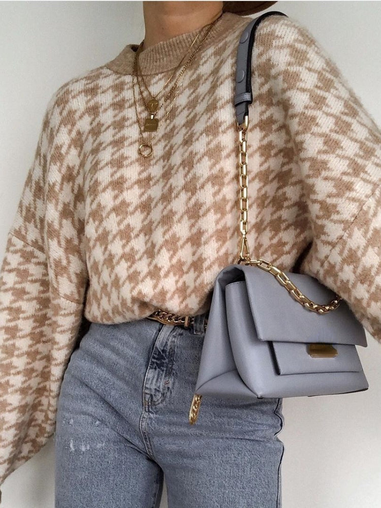 Beige Checked Couture Sweatshirt by Fudus