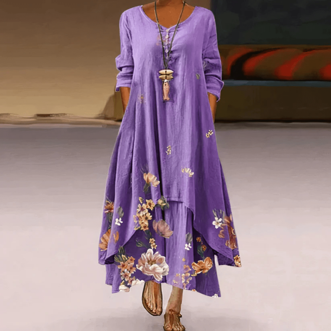 Langes Maxikleid von Quenilda mit Blumenmuster und langen Ärmeln