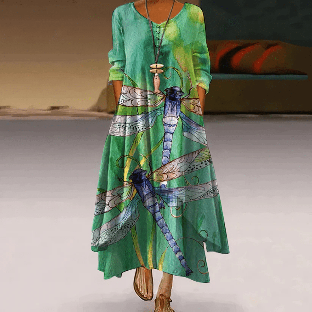 Langes Maxikleid von Quenilda mit Blumenmuster und langen Ärmeln
