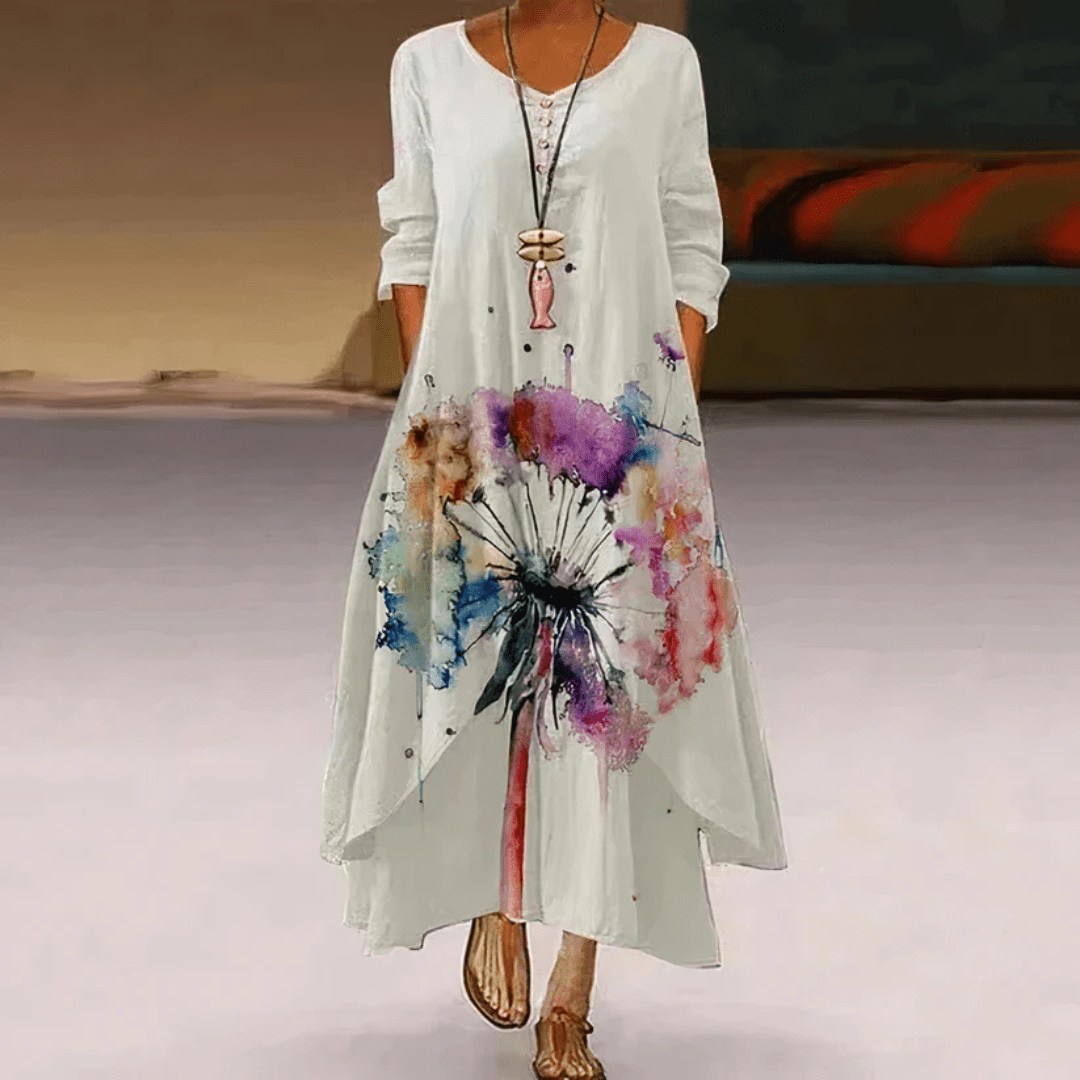 Langes Maxikleid von Quenilda mit Blumenmuster und langen Ärmeln