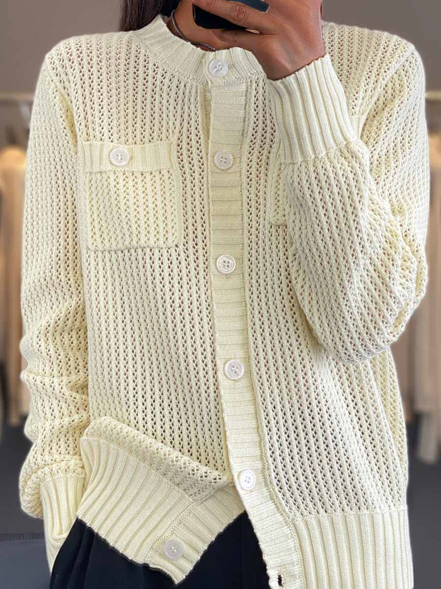 ModeGeist | Cardigan - Rundhals-Taschen-Hohlstrick-Cardigan
