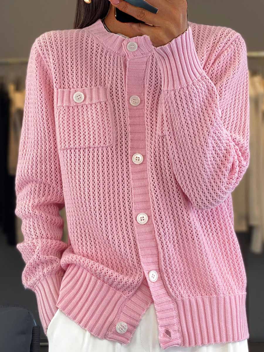 ModeGeist | Cardigan - Rundhals-Taschen-Hohlstrick-Cardigan