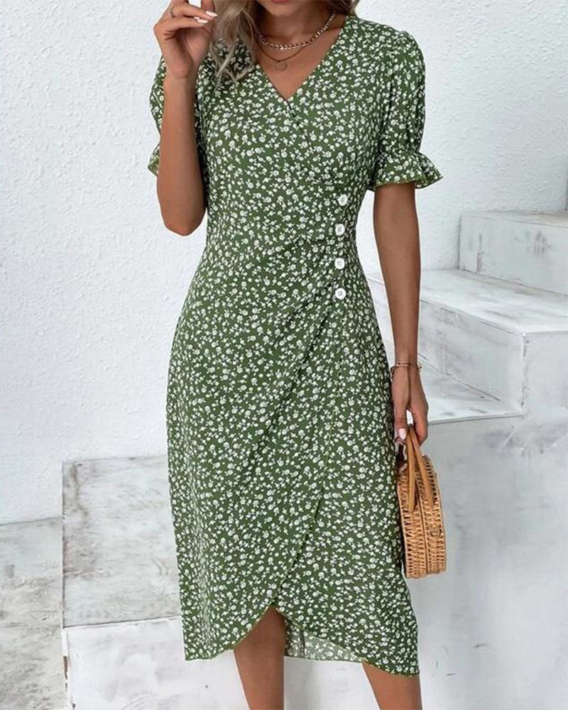 MODEGEIST Damen V-Ausschnitt Kleid Blumenmuster Bunt