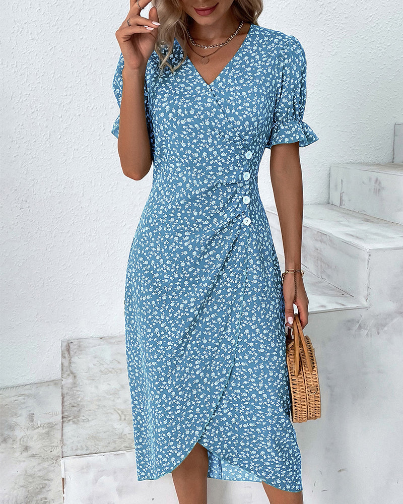 MODEGEIST Damen V-Ausschnitt Kleid Blumenmuster Fließend Sommer