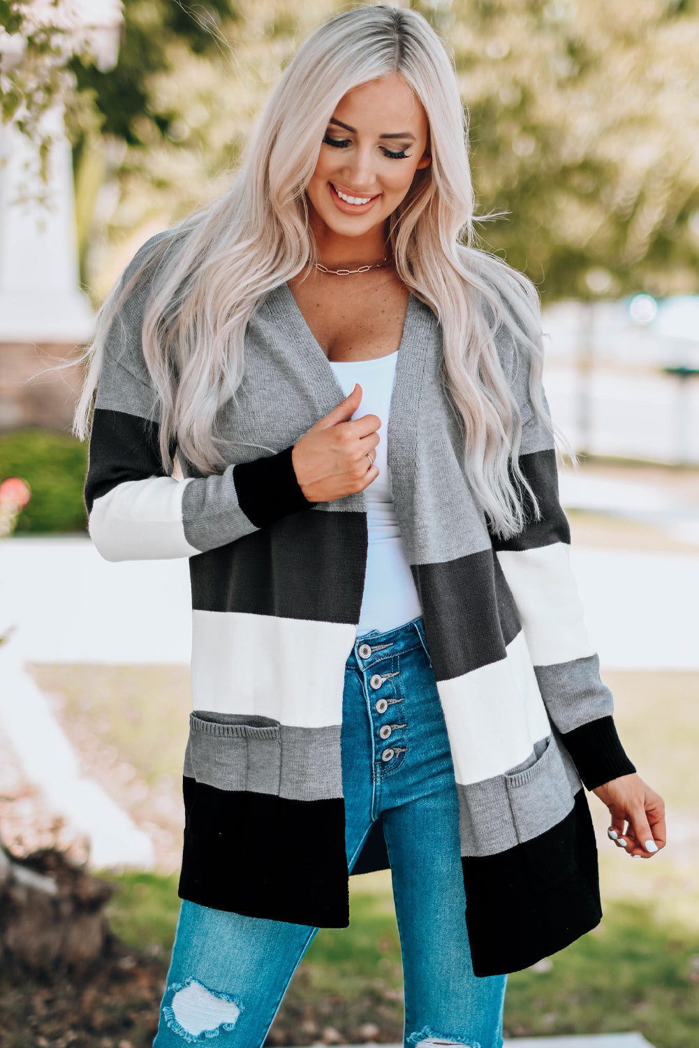 ModeGeist | Farbblock Offene Front Rippbündchen Cardigan mit Taschen
