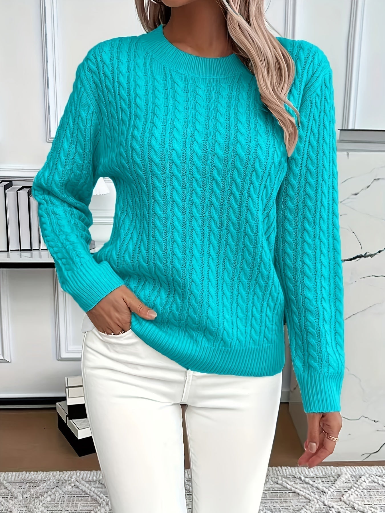 MODEGEIST Damen Cable-Knit Pullover Strick Beige Relaxed-Fit Winter