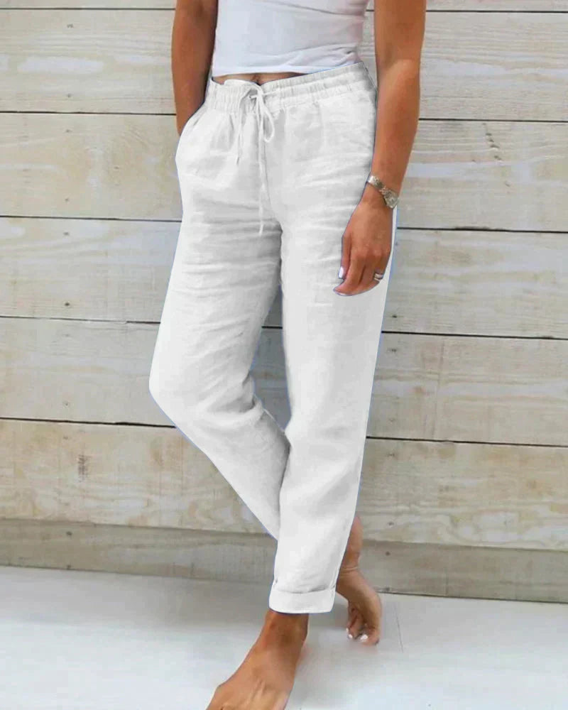 Damen Leinenhose mit Kordelzug und Taschen