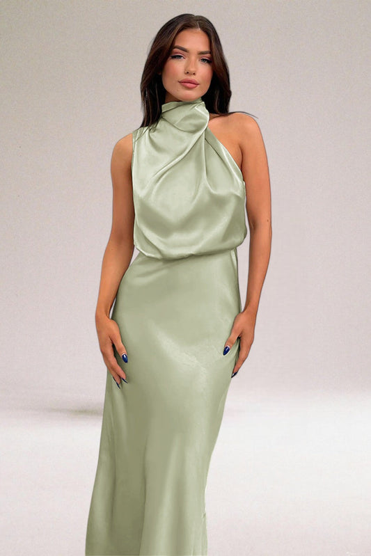 MODEGEIST Damen Neckholder Kleid Fließend Glänzend Abendkleid