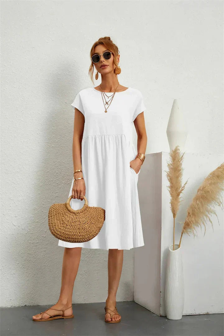 MODEGEIST Damen Casual-Kleid Kurze Ärmel Seitentaschen Leichter Stoff Relaxed-Fit