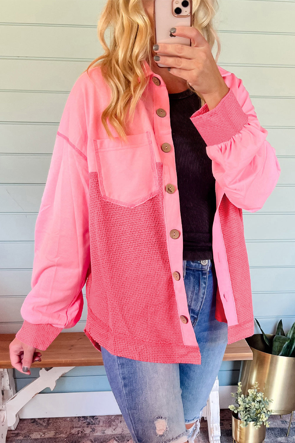 ModeGeist | Zweifarbige Waffelstrickhemdjacke Baumwollmischung Lebendiger Komfort