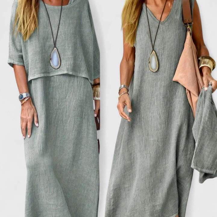 MODEGEIST Damen Zweiteiler Maxi-Kleid Leinen-Look Beige Casual