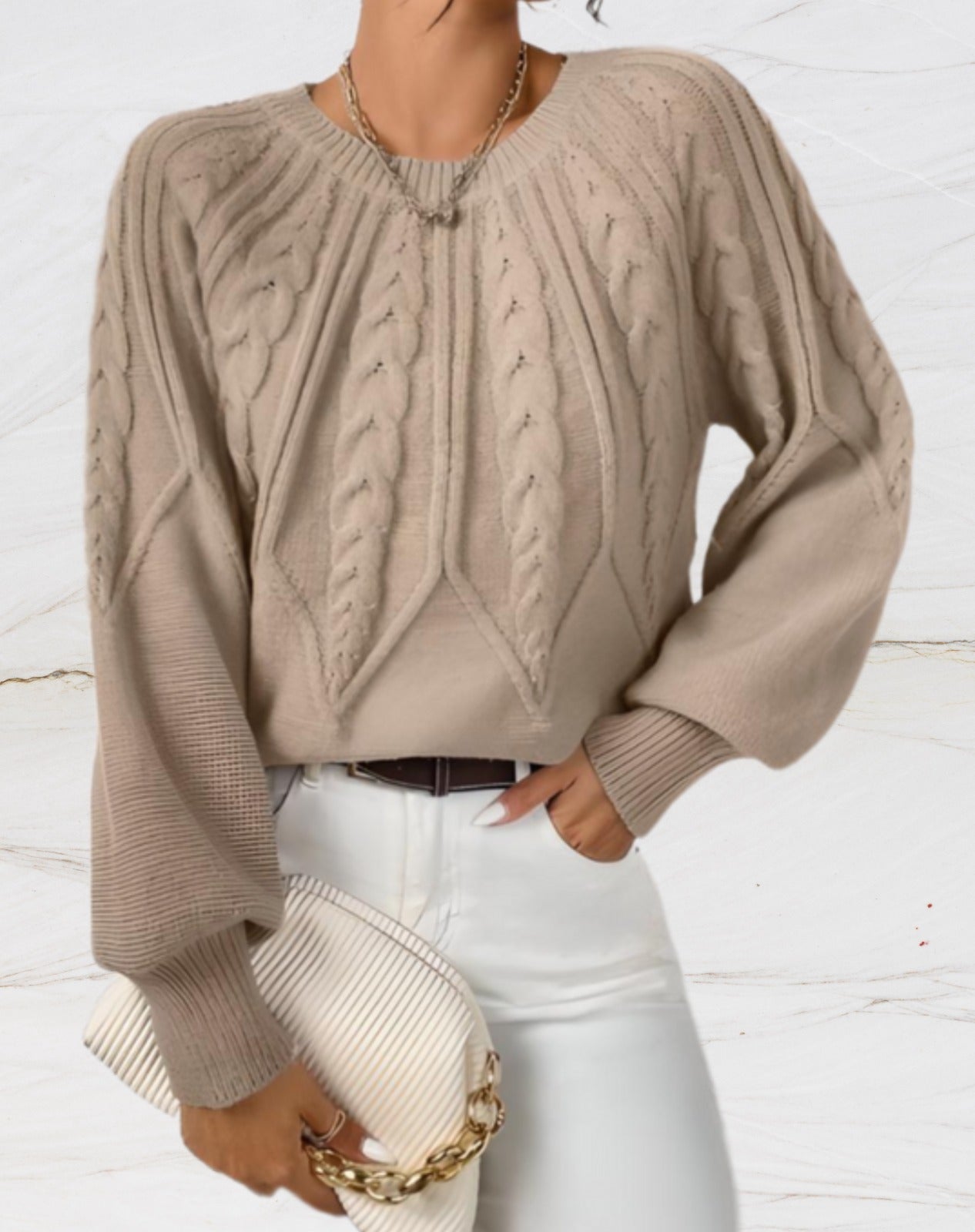 ModeGeist | Eleganter Pullover - Beiger Pfeil-Stil Strickpullover