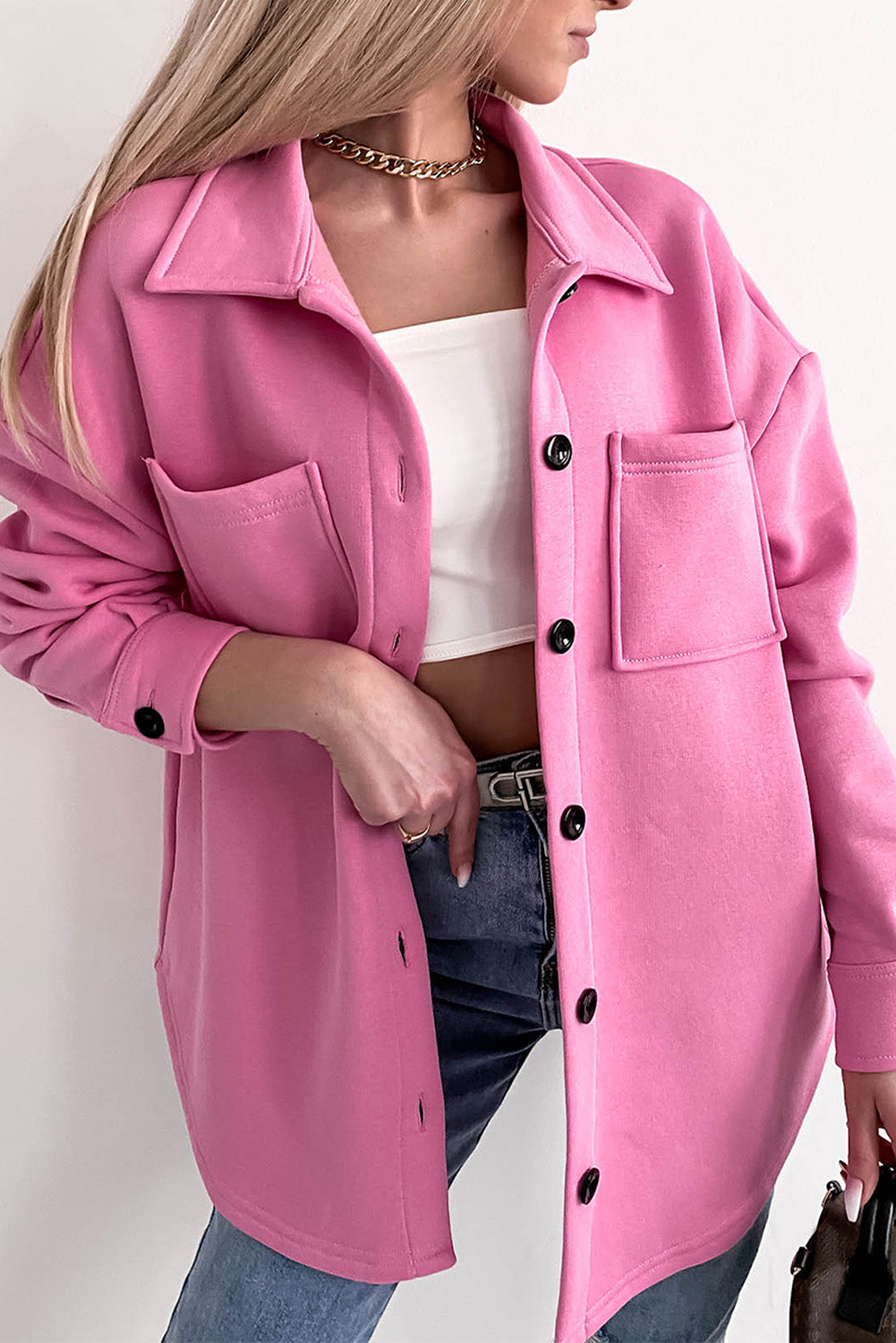 ModeGeist | Oversized Hemdbluse mit Großen Taschen Polyester Minimalistisch und Stilvoll