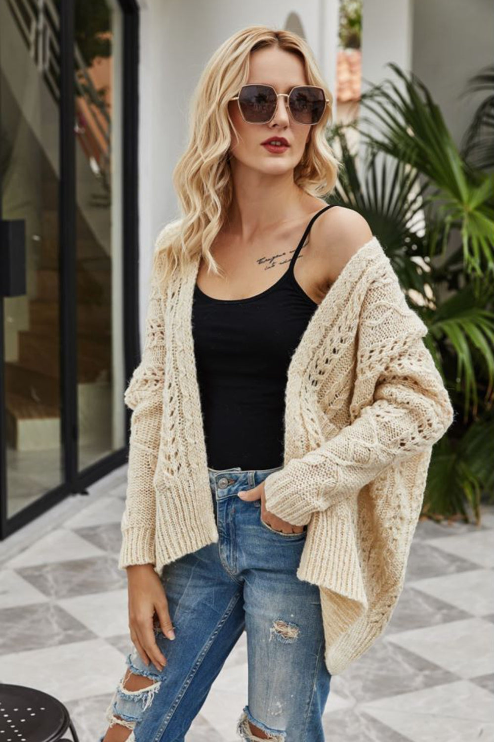 ModeGeist | Gerippter Besatz Offenes Strickjacke