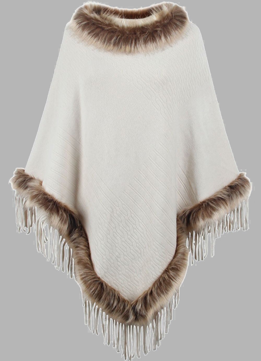 ModeGeist | Elegante Damen Poncho mit Pelzkragen und Fransen
