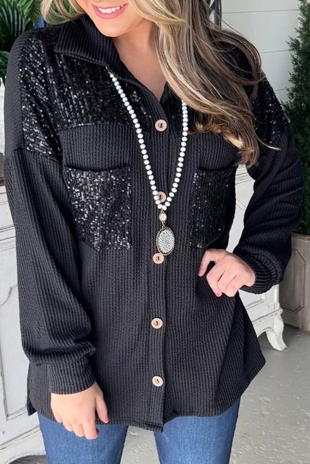 ModeGeist | Gerippte Blusenjacke mit Pailletten-details Polyester-mischung Festlich und Trendy