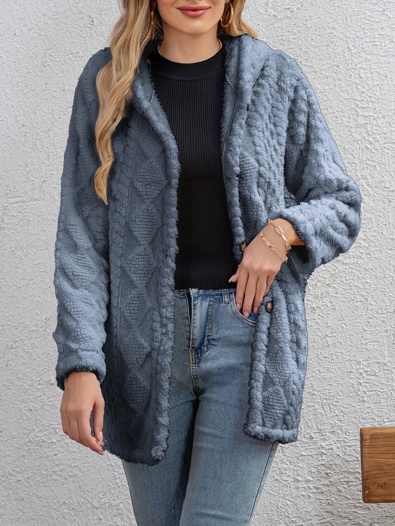 ModeGeist | Fluffy Kapuzenjacke mit Knöpfen Polyester Weich und Warm