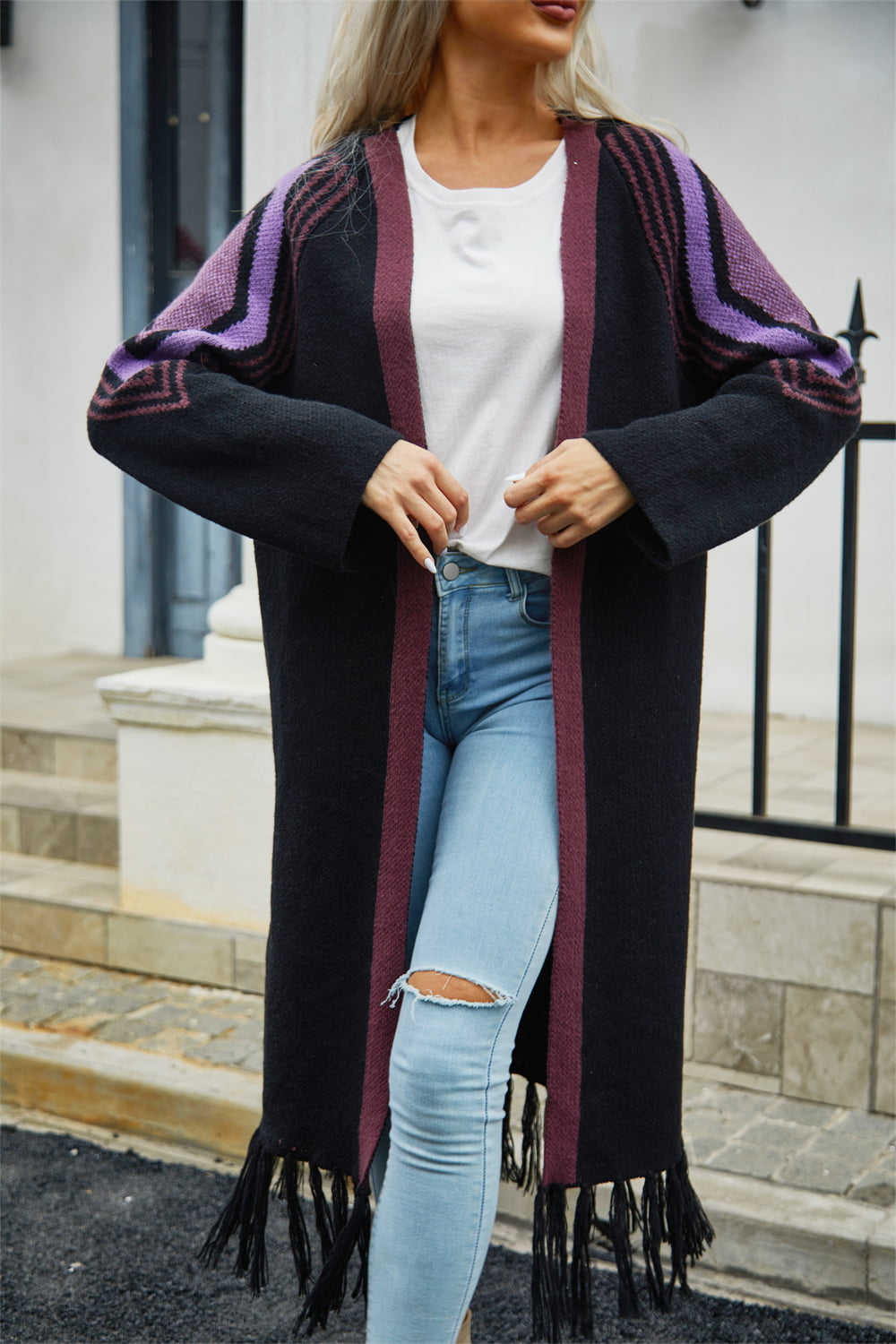 ModeGeist | Geometric Fringe Hem Offene Front Duster Cardigan