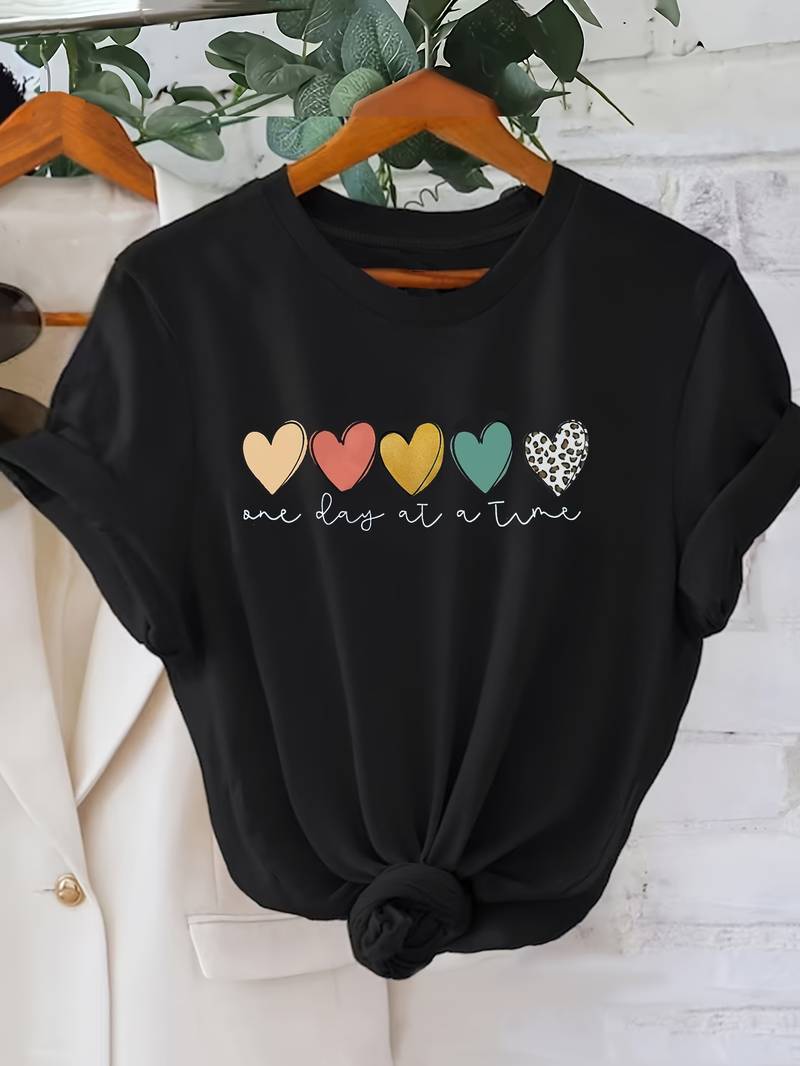 Damen T-Shirt mit Herz-Print, kurzärmelig