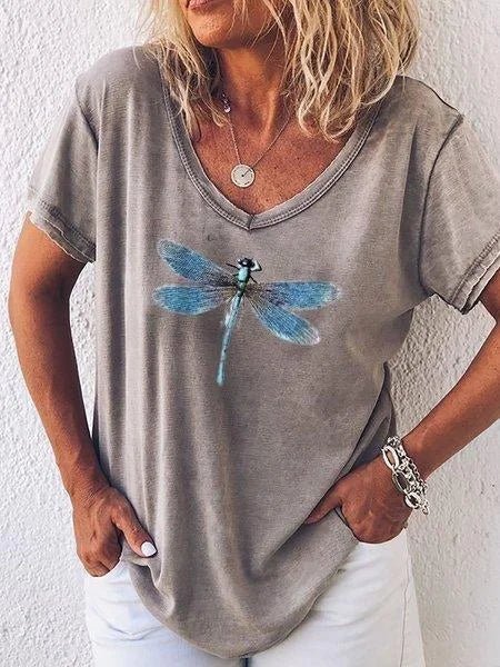 MODEGEIST Damen V-Ausschnitt T-Shirt Libellen-Print Rosa Casual