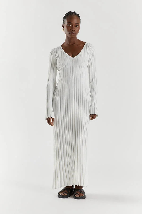 ModeGeist | Bequemes Gestricktes Damen Midi Kleid mit V-Ausschnitt