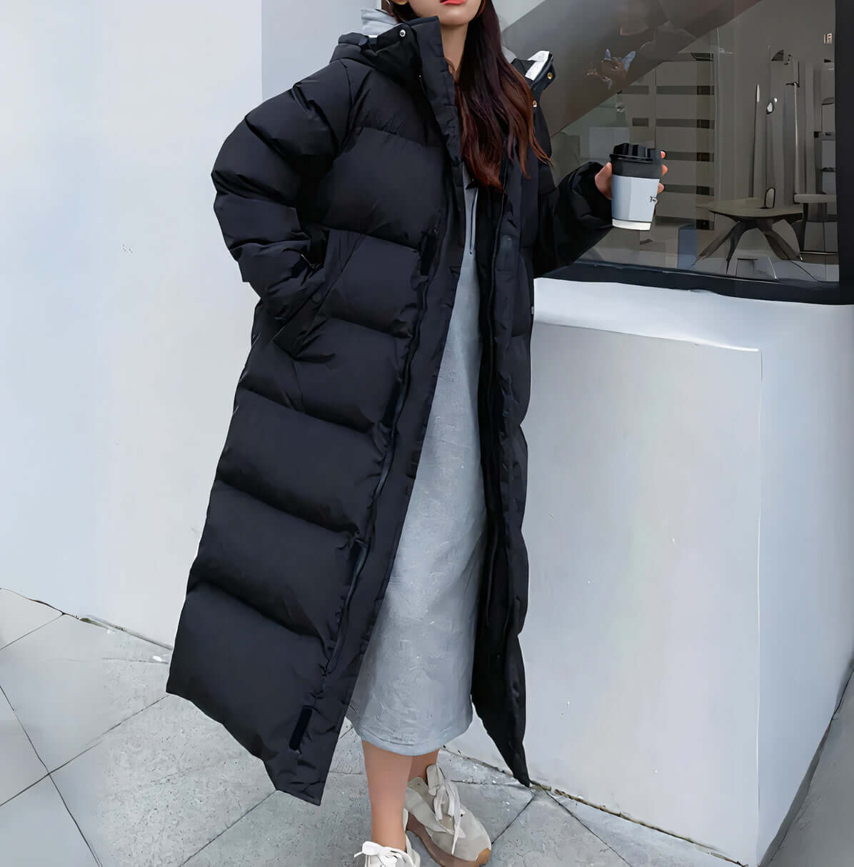 ModeGeist | Damen Lang Pufferjacke mit Kapuze