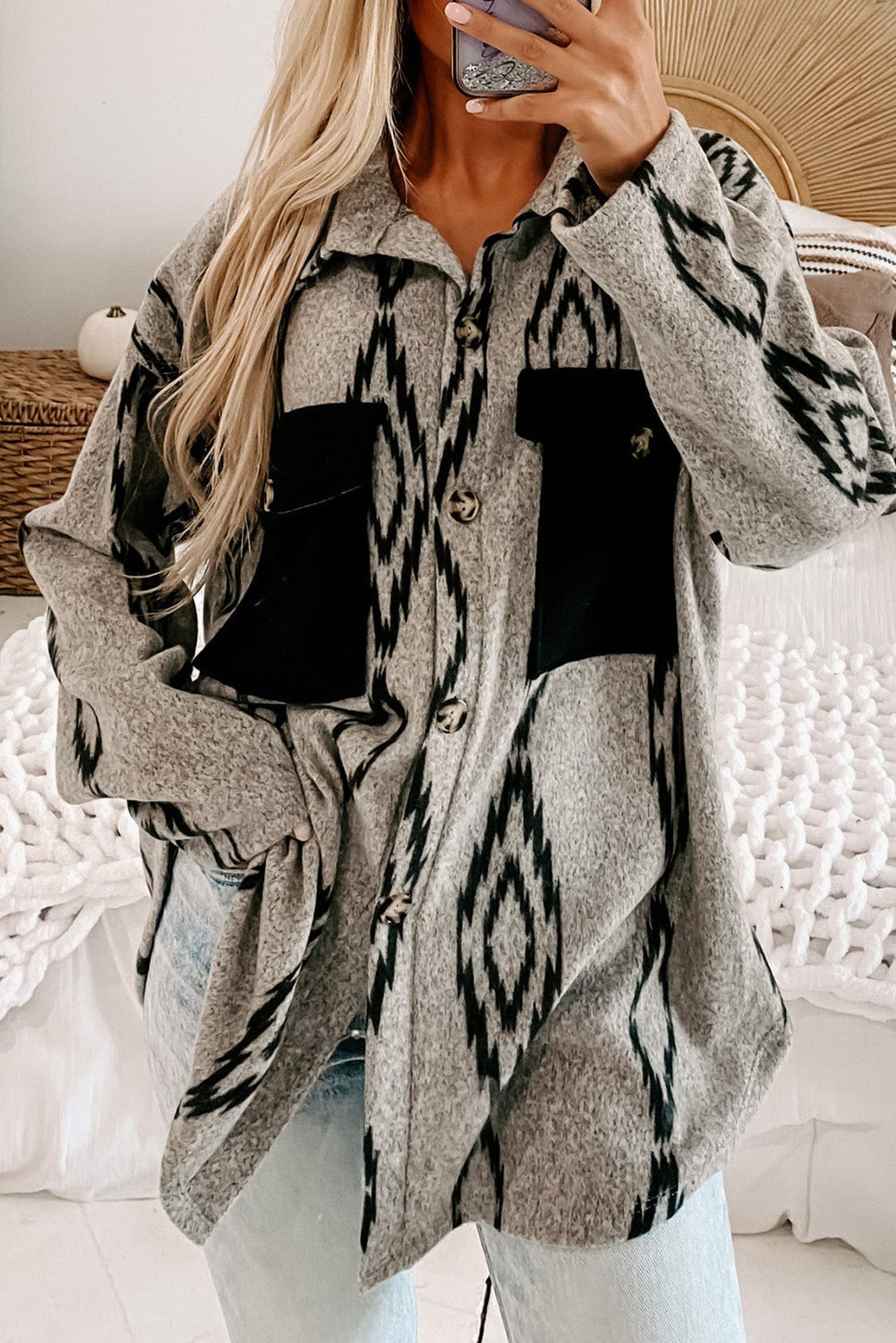 ModeGeist | Hemdjacke mit Aztekischem Druck Weiche Wollmischung Boho-chic Stil