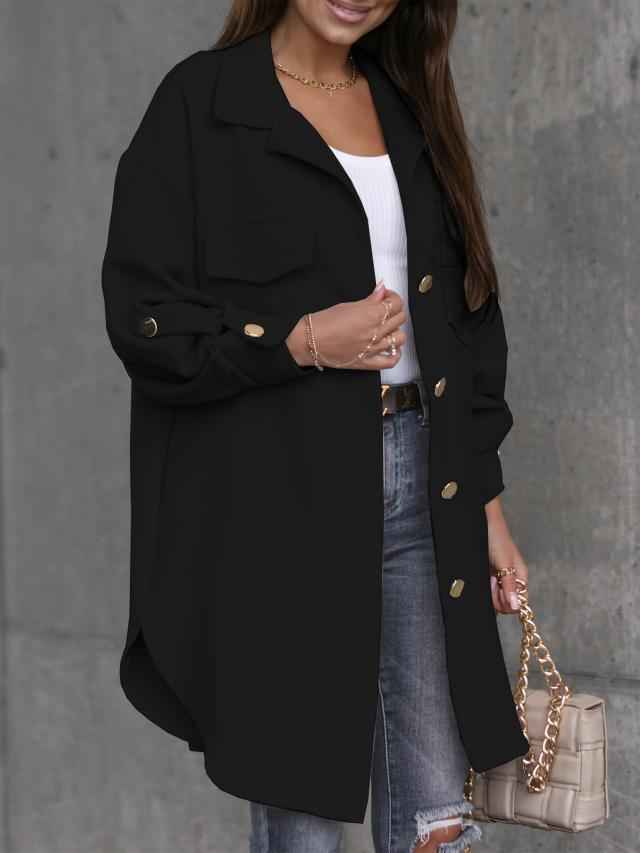 ModeGeist | Lange Hemdjacke mit Knöpfen, Wollkragen und Revers