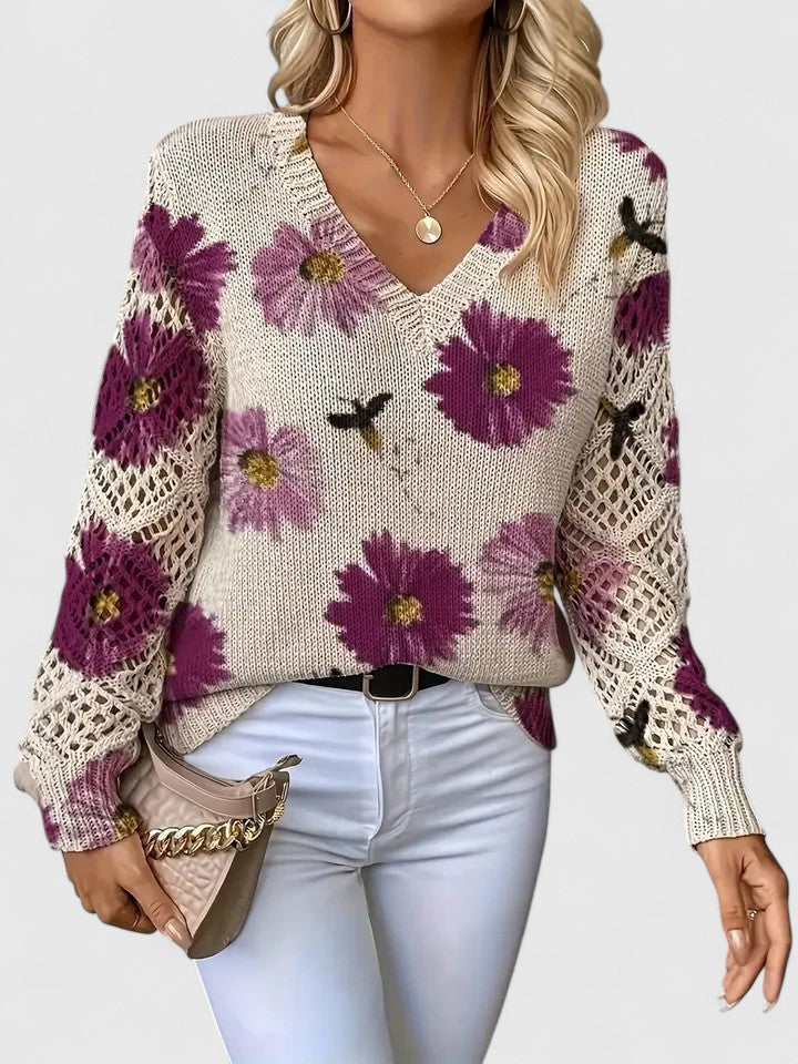 MODEGEIST Damen Pullover Blumenmuster Weich Entspannte Passform