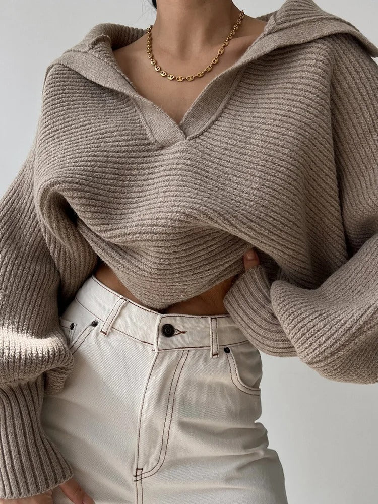 ModeGeist | Strickpullover mit Laternenärmeln und offenem Kragen