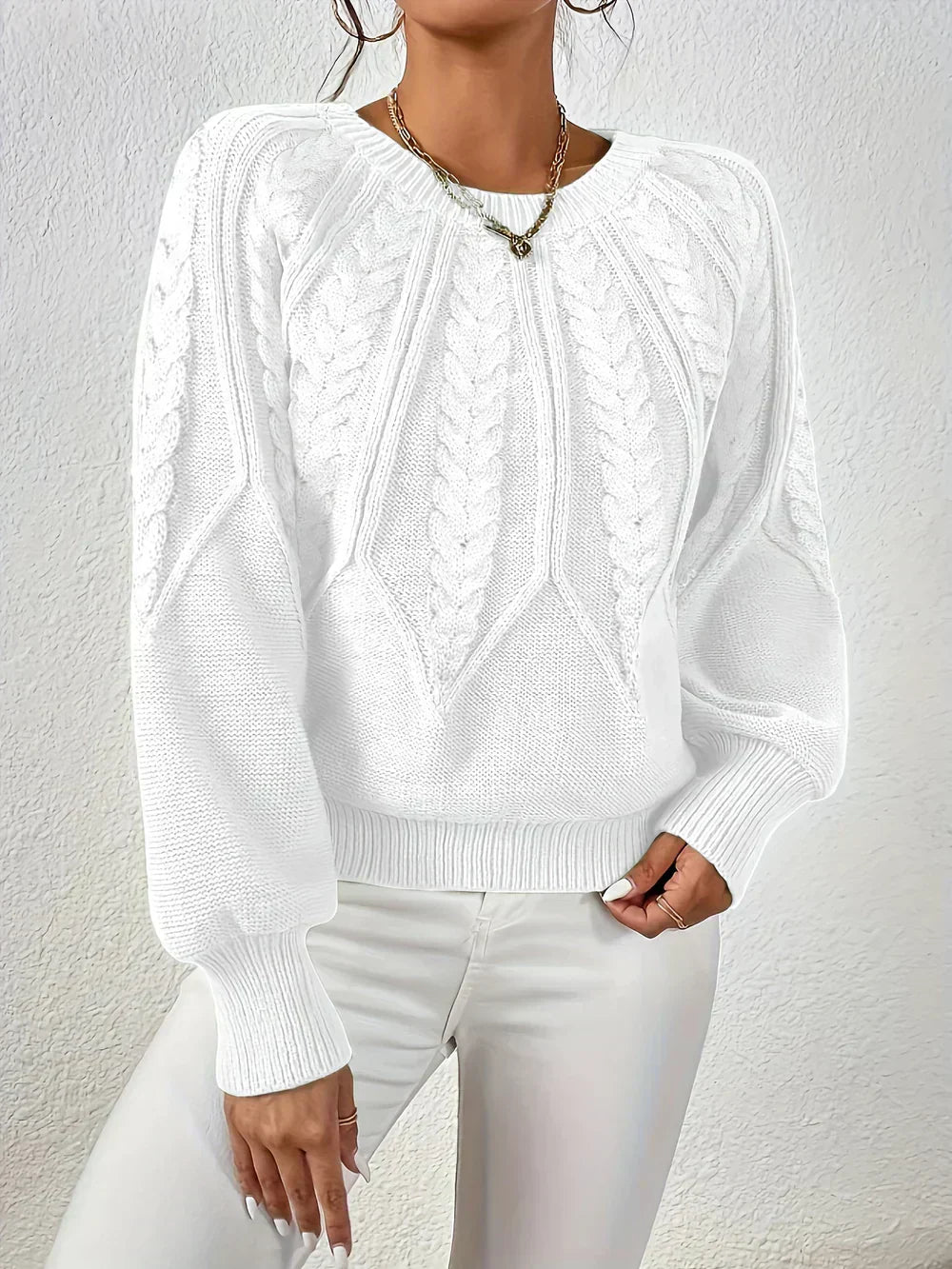MODEGEIST Damen Strickpullover Cable-Knit Oversize Beige Baumwolle