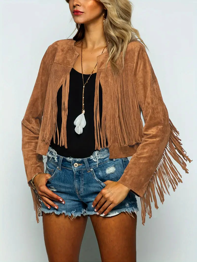 ModeGeist | Offene Jacke mit Fransen Saum Im Wildleder Look