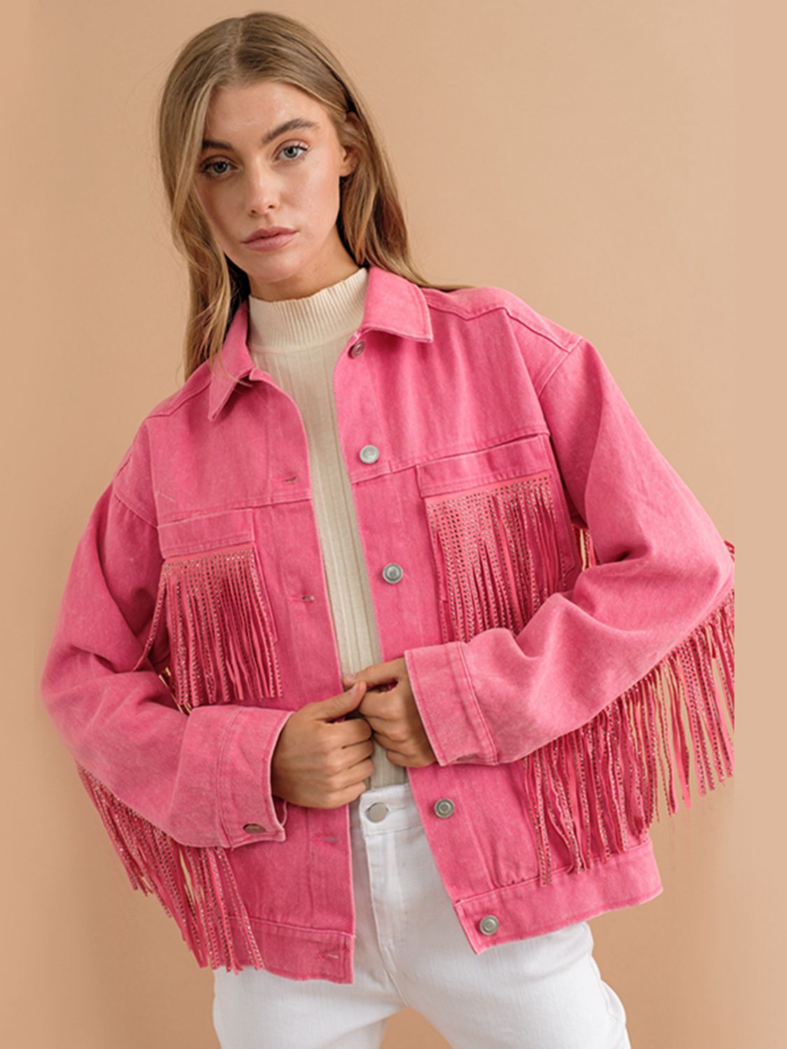 ModeGeist | Fransen-Detail Gefallene Schulter Denimjacke